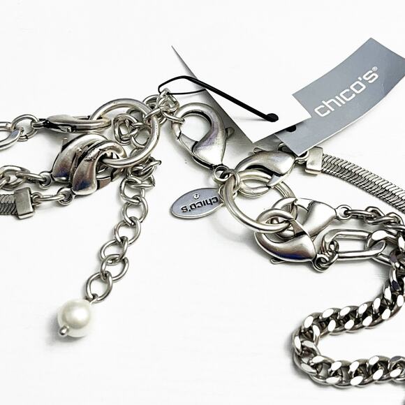 NEW Chico's Pearl & Layered Silver Chain Necklace - Picture 6 of 6